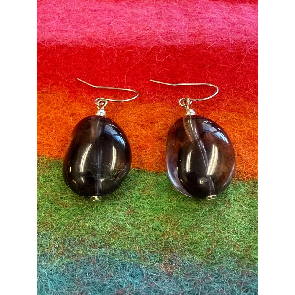 Faux Smoky Quartz Pebble Drop Earrings Translucency Dark Stone Silver‎ Tone